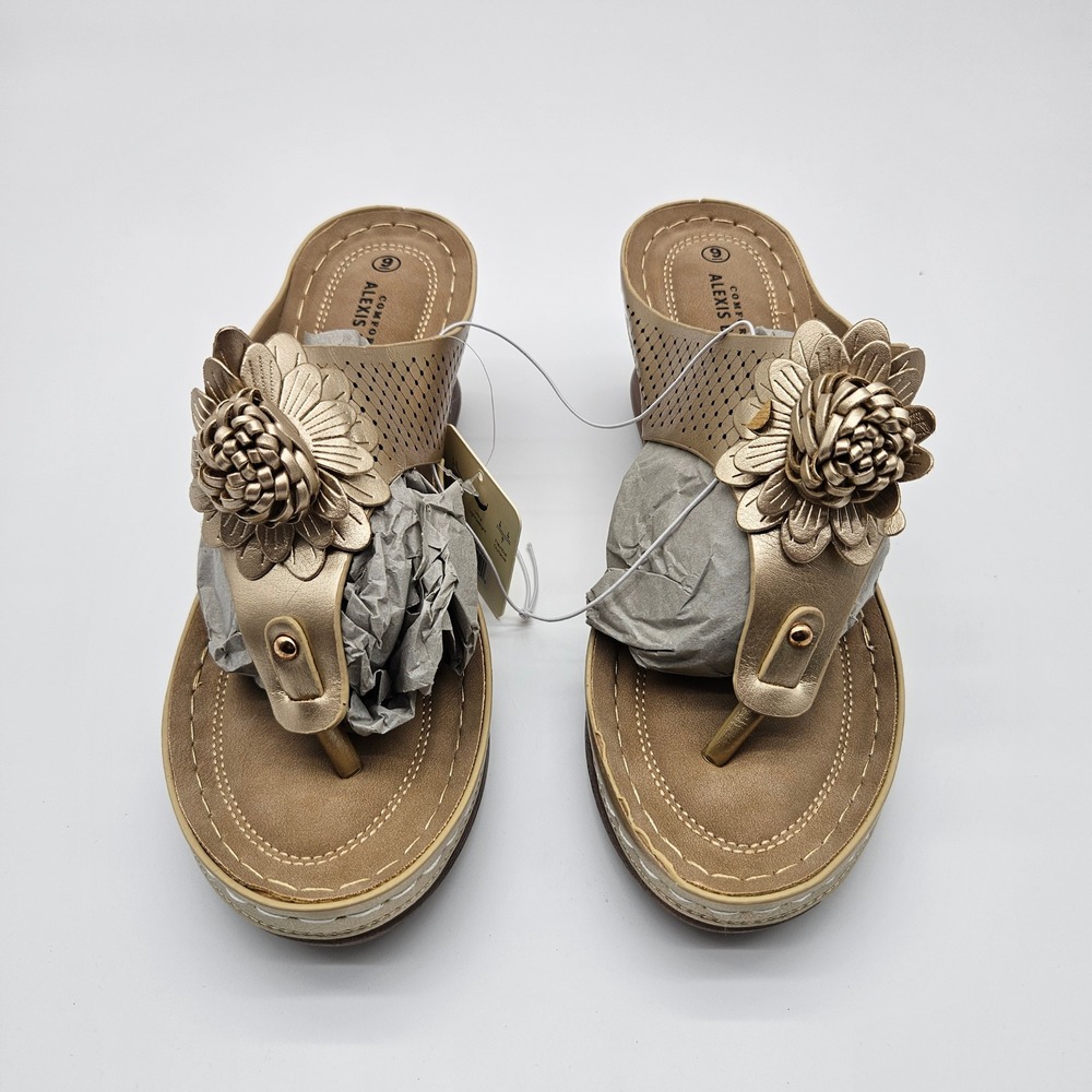 Alexis Bendel Gold Flower‎ Wedge Thong Sandals Comfort Size 9